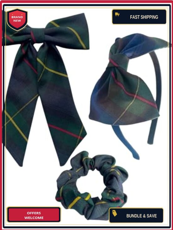 Girls Plaid Hair Bow Set with Headband Scrunchie Handmade Back to School main image 5